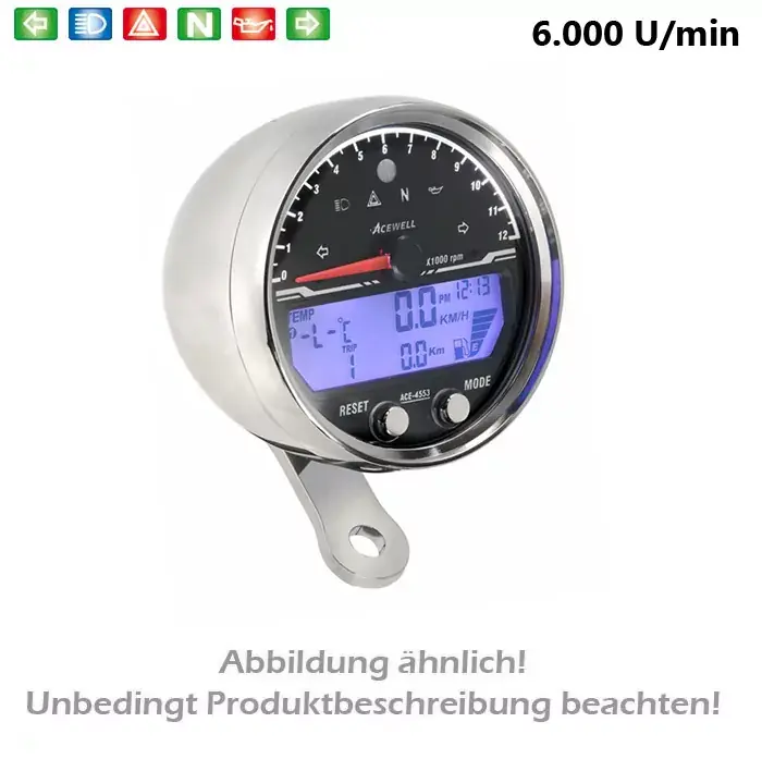 Kostenfreie Lieferung Multifunktionelles Digitalinstrument alu-chrom Tachometer mit Drehzahlmesser bis 6000 RPM, Uhr & Tankanzeige