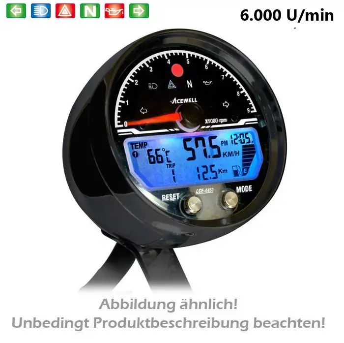 ACEWELL multifunktionelles Digitalinstrument Alu-Schwarz mit Tachometer, DZM bis 6000 RPM, Uhr & Tankanzeige Neu Im Sortiment