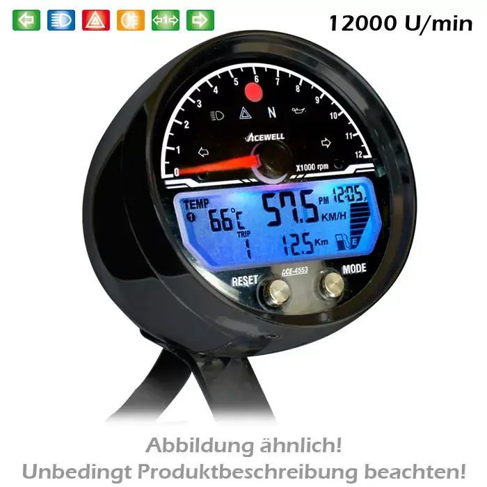 Acewell Multifunktionales Digitalinstrument alu-schwarz Tachometer mit Drehzahlmesser, Uhr & Tankanzeige Billig