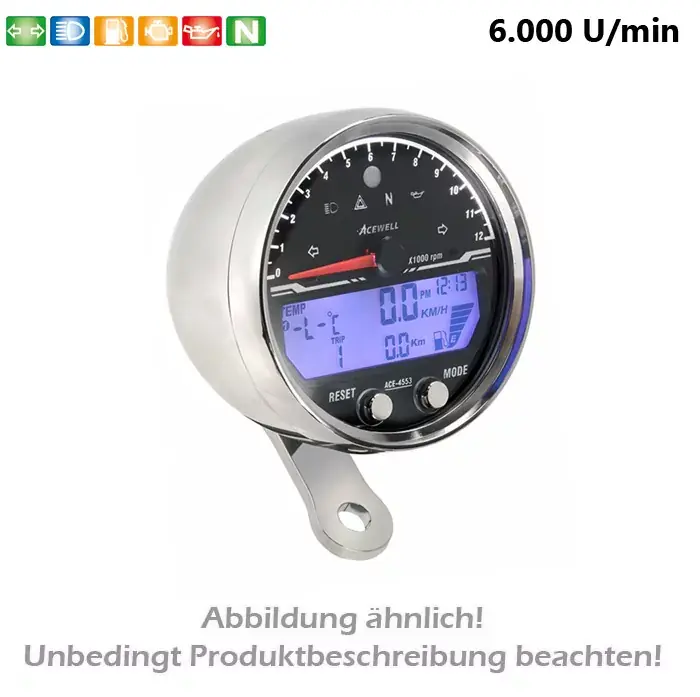 Acewell Multifunktionales Digitalinstrument alu-chrom 6000 RPM mit Tankanzeige, Uhr & DZM Sonderaktion