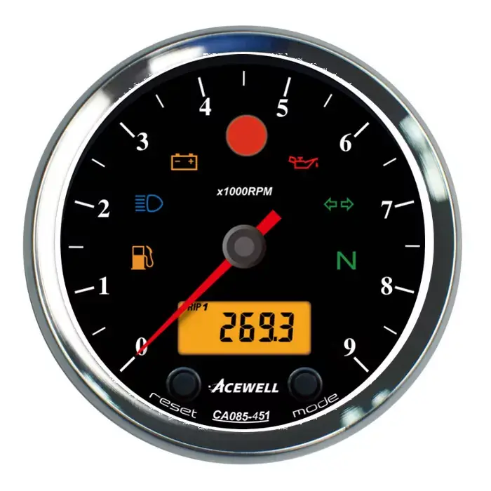 ACEWELL Analog Drehzahlmesser 9000rpm mit digitalem Tacho, Ring und Gehäuse chrom, Zifferblatt schwarz Preiswert
