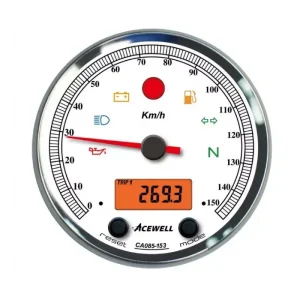 Neu ACEWELL Analog Tacho 150 km/h Digital DZM Ring chrom Zifferblatt weiss Gehäuse schwarz