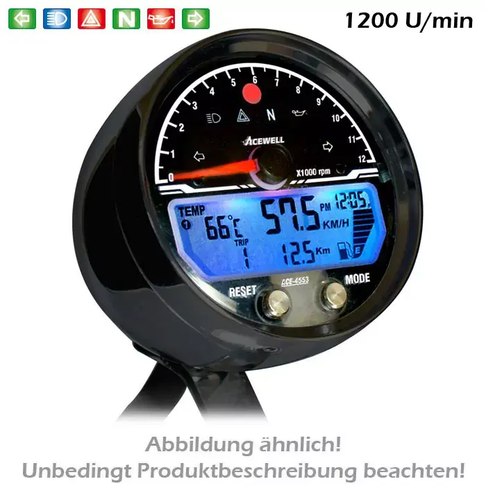 Kostenfreie Lieferung Multifunktionelles Acewell Digitalinstrument alu-schwarz mit Drehzahlmesser, Uhr & Tankanzeige