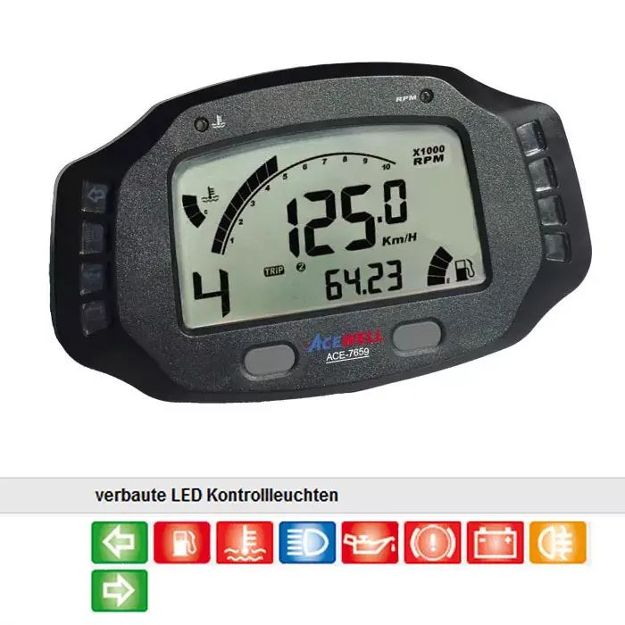 Acewell multifunktionelles Digitalinstrument Tacho Drehzahlmesser Temperaturanzeige Ganganzeige Tankanzeige schwarz Echt