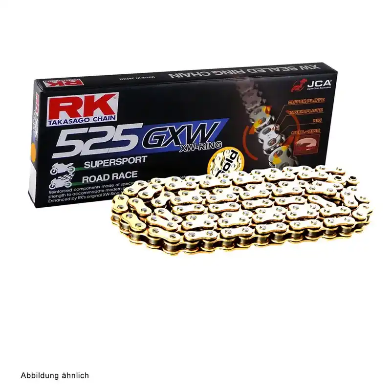 Solange Der Vorrat Reicht Motorradkette RK 525 GXW-Ringkette 110 Glieder gold offen mit Hohlnietschloss
