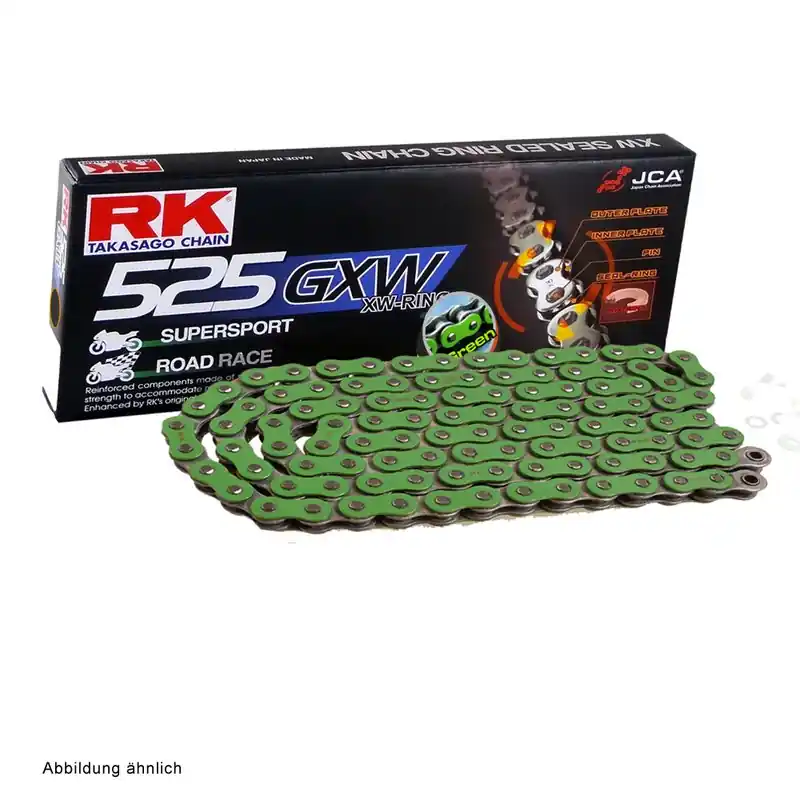Versand Am Gleichen Tag Motorradkette RK 525 GXW-Ringkette 114 Glieder gruen offen mit Hohlnietschloss